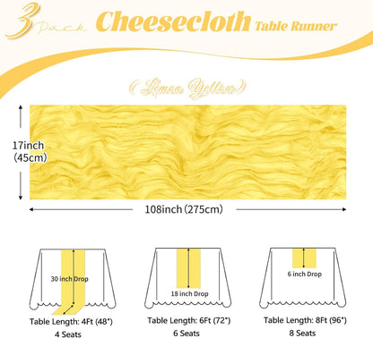 3 Pack Lemon Yellow Cheesecloth Table Runner, 17 x 108 inch, Semi Sheer Boho Cheese Cloth Fabric Table Runner Bulk for Wedding, Birthday, Party, Holiday, Home Decor (Lemon Yellow)