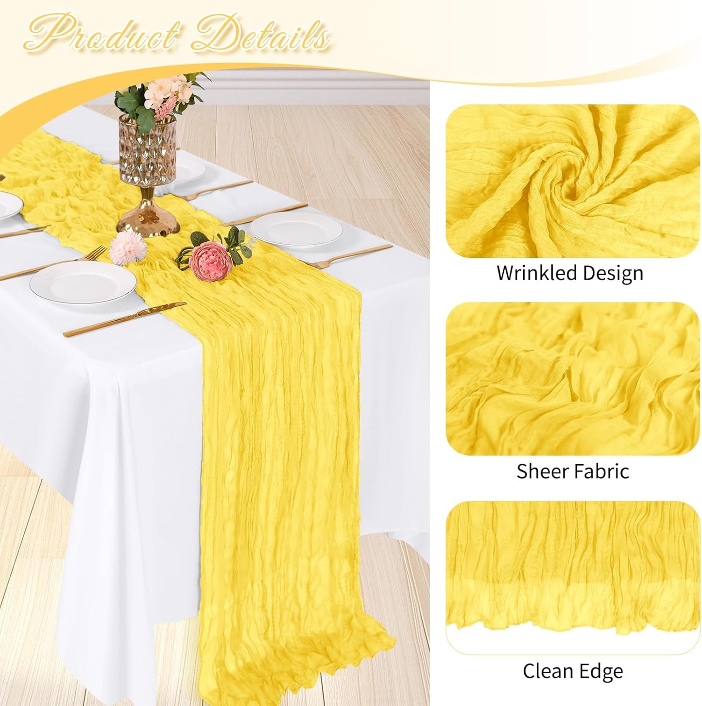 3 Pack Lemon Yellow Cheesecloth Table Runner, 17 x 108 inch, Semi Sheer Boho Cheese Cloth Fabric Table Runner Bulk for Wedding, Birthday, Party, Holiday, Home Decor (Lemon Yellow)