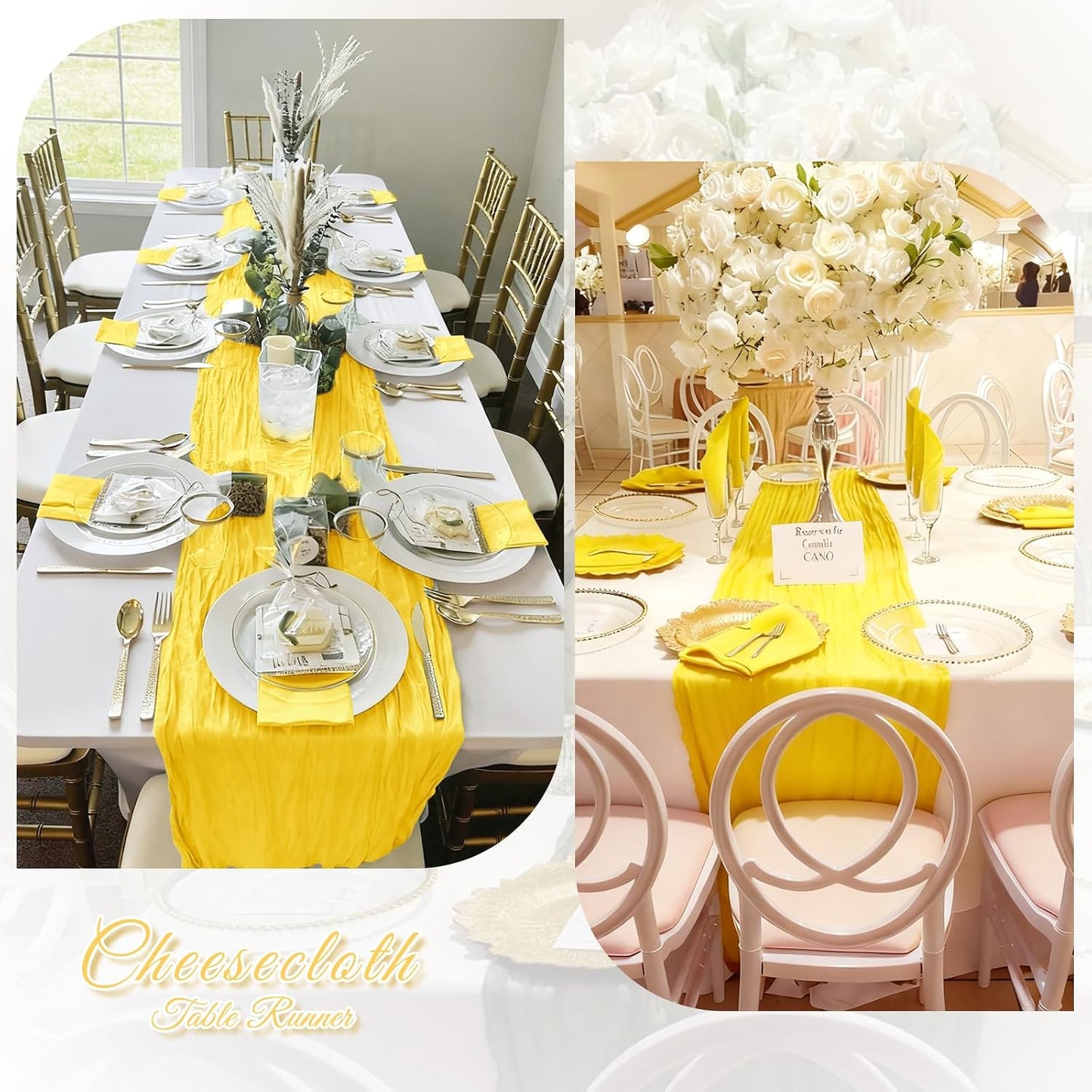 3 Pack Lemon Yellow Cheesecloth Table Runner, 17 x 108 inch, Semi Sheer Boho Cheese Cloth Fabric Table Runner Bulk for Wedding, Birthday, Party, Holiday, Home Decor (Lemon Yellow)