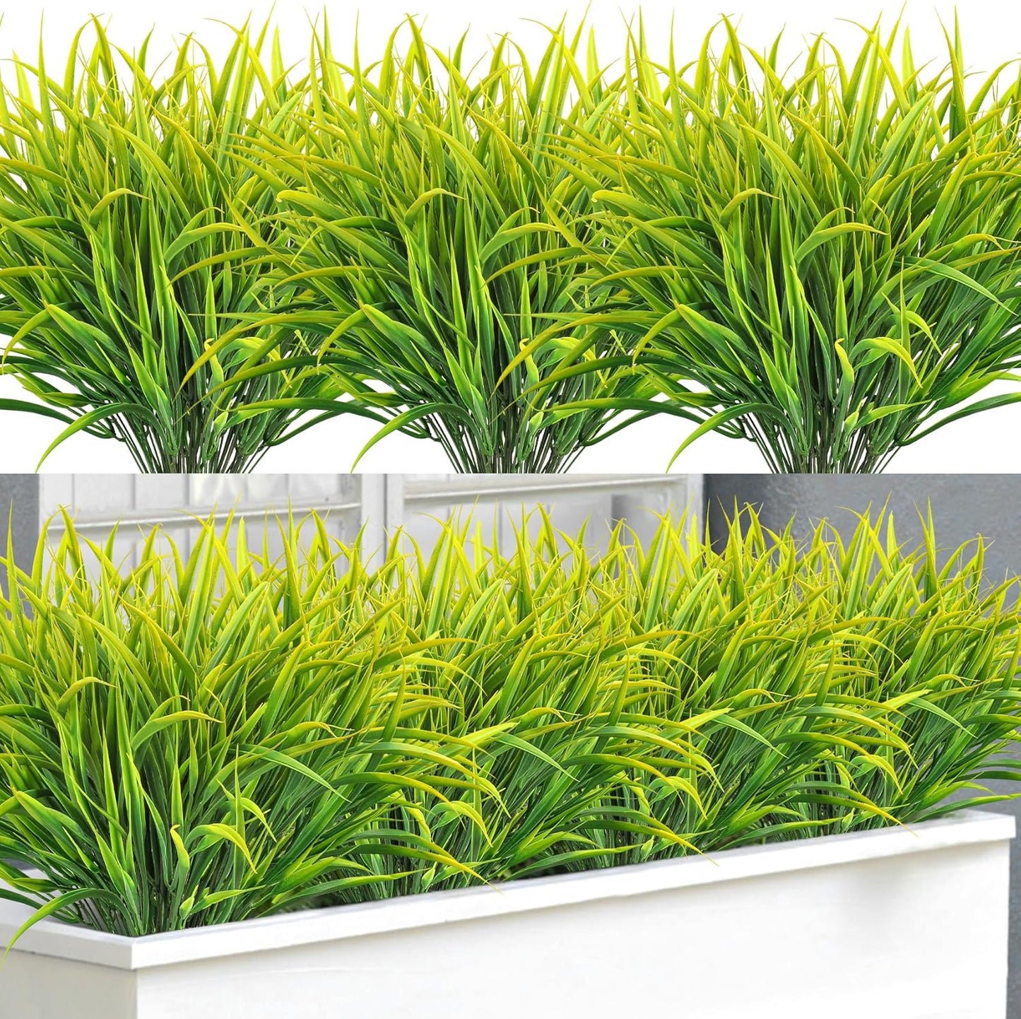 16 Pcs Artificial Plants Outdoor Fake Greenery Stems, Yellow | Faux grass, UV resistant, plastic plants shrubs, autumn Thanksgiving garden pathway window farmhouse front porch home decor