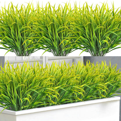16 Pcs Artificial Plants Outdoor Fake Greenery Stems, Yellow | Faux grass, UV resistant, plastic plants shrubs, autumn Thanksgiving garden pathway window farmhouse front porch home decor