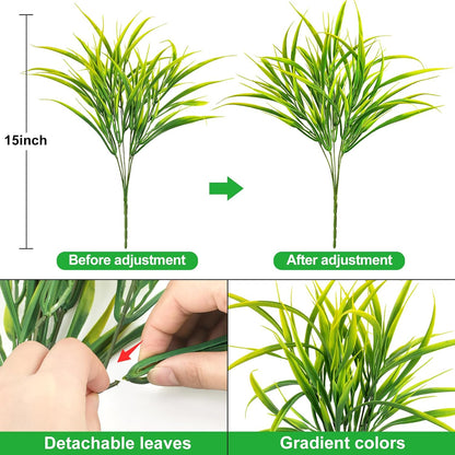 16 Pcs Artificial Plants Outdoor Fake Greenery Stems, Yellow | Faux grass, UV resistant, plastic plants shrubs, autumn Thanksgiving garden pathway window farmhouse front porch home decor