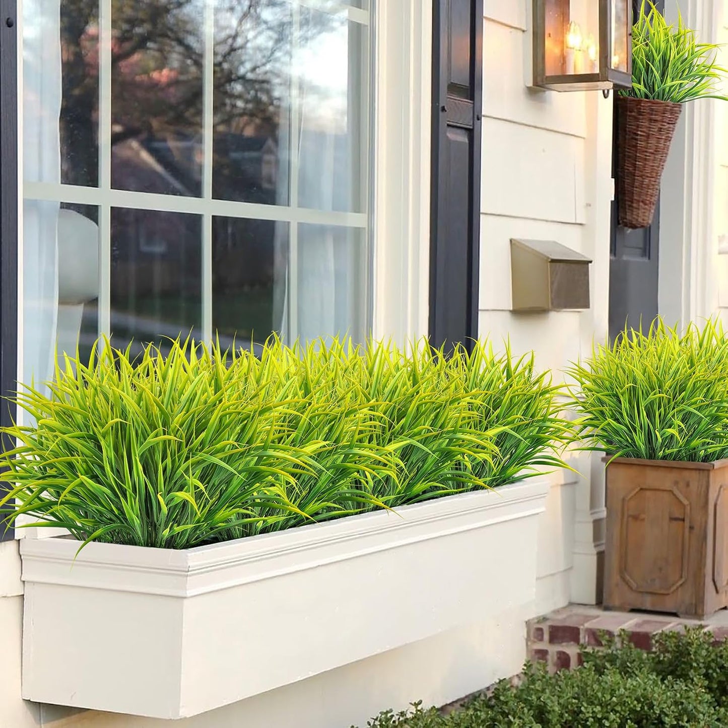 16 Pcs Artificial Plants Outdoor Fake Greenery Stems, Yellow | Faux grass, UV resistant, plastic plants shrubs, autumn Thanksgiving garden pathway window farmhouse front porch home decor