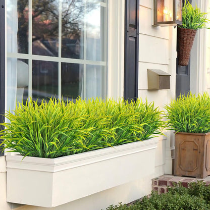 16 Pcs Artificial Plants Outdoor Fake Greenery Stems, Yellow | Faux grass, UV resistant, plastic plants shrubs, autumn Thanksgiving garden pathway window farmhouse front porch home decor