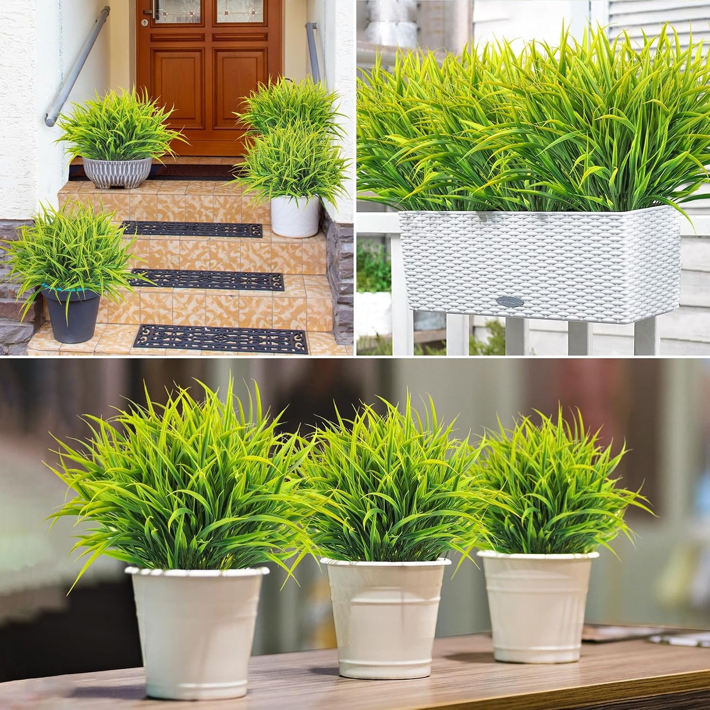 16 Pcs Artificial Plants Outdoor Fake Greenery Stems, Yellow | Faux grass, UV resistant, plastic plants shrubs, autumn Thanksgiving garden pathway window farmhouse front porch home decor