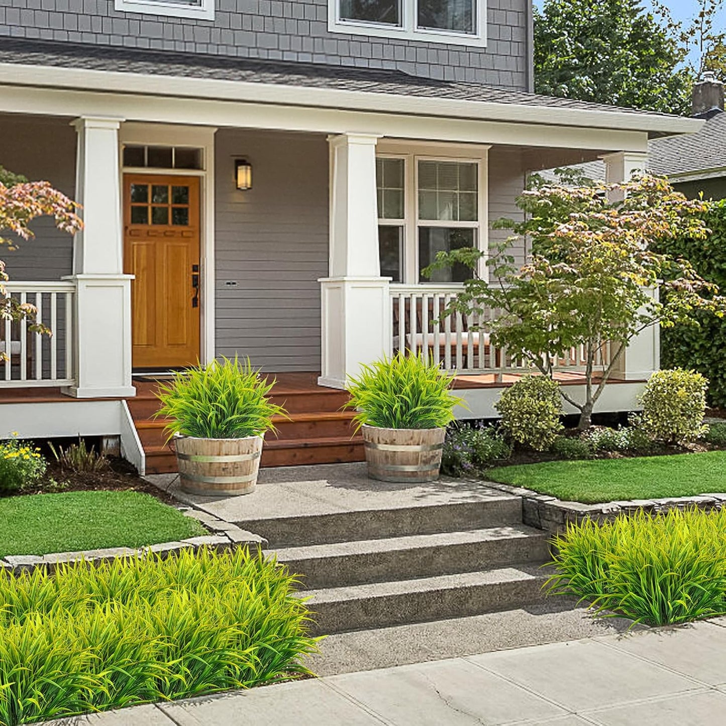 16 Pcs Artificial Plants Outdoor Fake Greenery Stems, Yellow | Faux grass, UV resistant, plastic plants shrubs, autumn Thanksgiving garden pathway window farmhouse front porch home decor