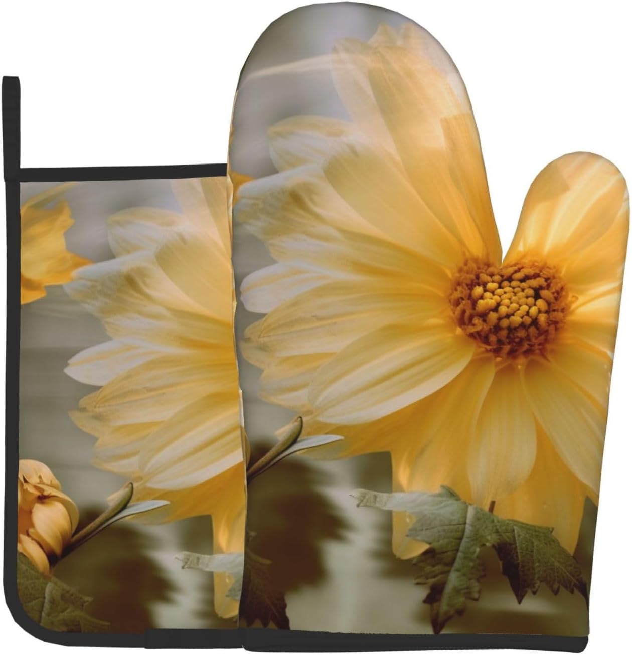 Oven Mitts and Pot Holders Set of 2,Light Yellow Flower Print Heat Resistant Kitchen Baking Set with Hang Loop for Baking Grilling