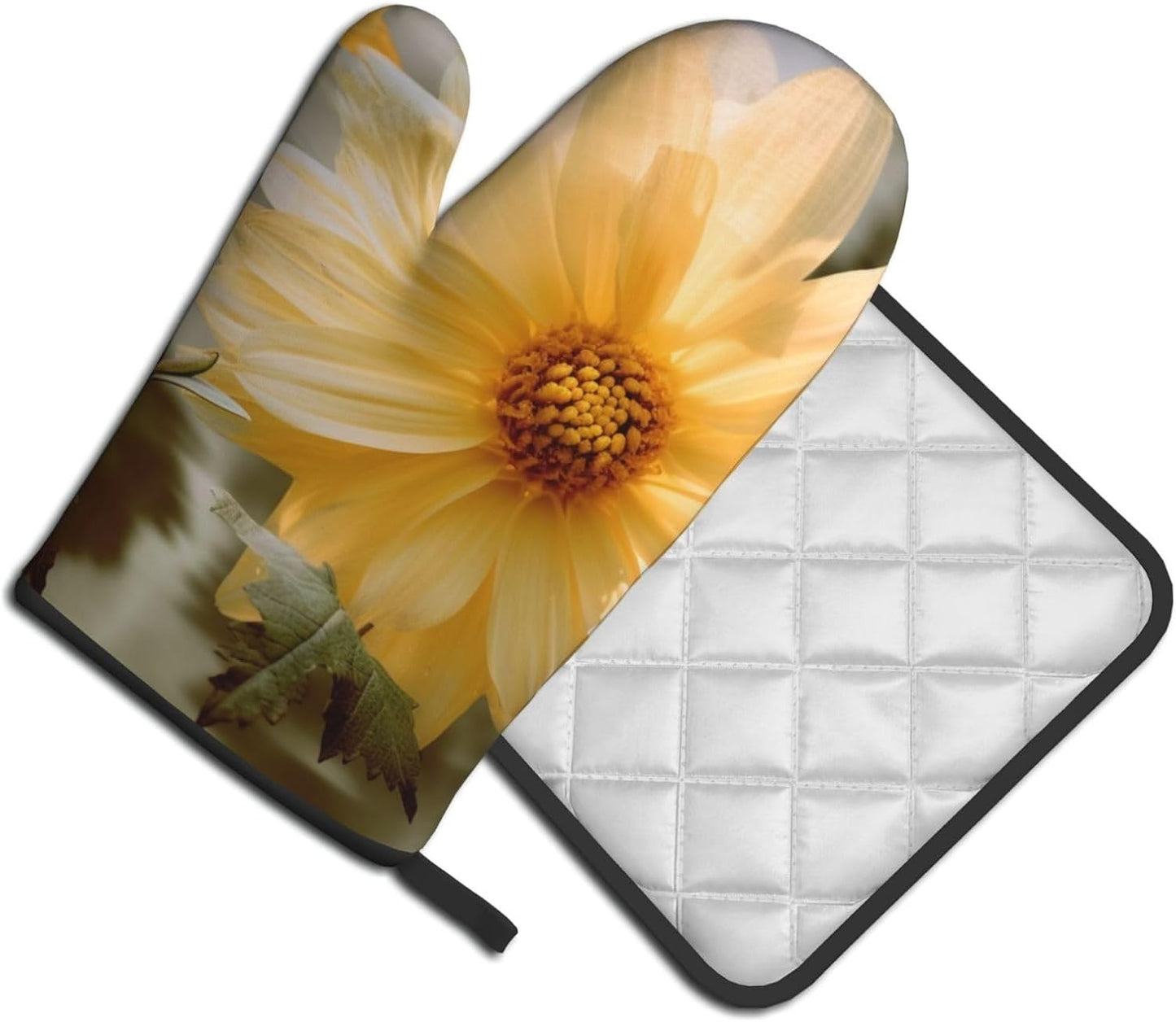 Oven Mitts and Pot Holders Set of 2,Light Yellow Flower Print Heat Resistant Kitchen Baking Set with Hang Loop for Baking Grilling