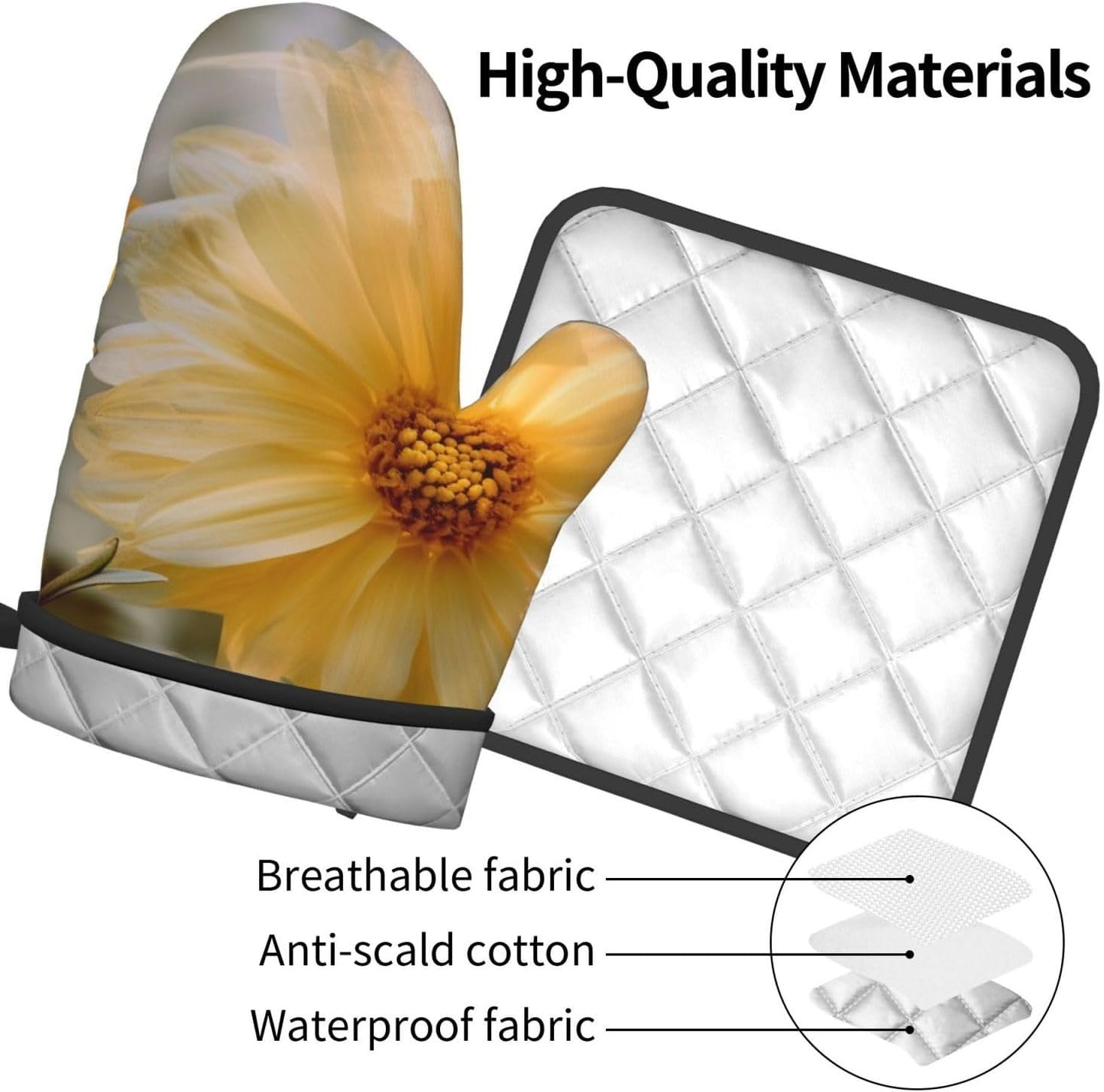 Oven Mitts and Pot Holders Set of 2,Light Yellow Flower Print Heat Resistant Kitchen Baking Set with Hang Loop for Baking Grilling