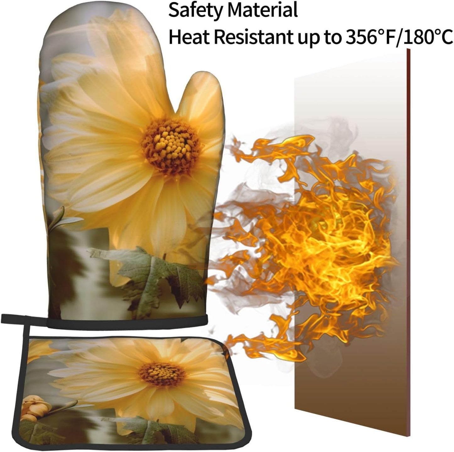 Oven Mitts and Pot Holders Set of 2,Light Yellow Flower Print Heat Resistant Kitchen Baking Set with Hang Loop for Baking Grilling