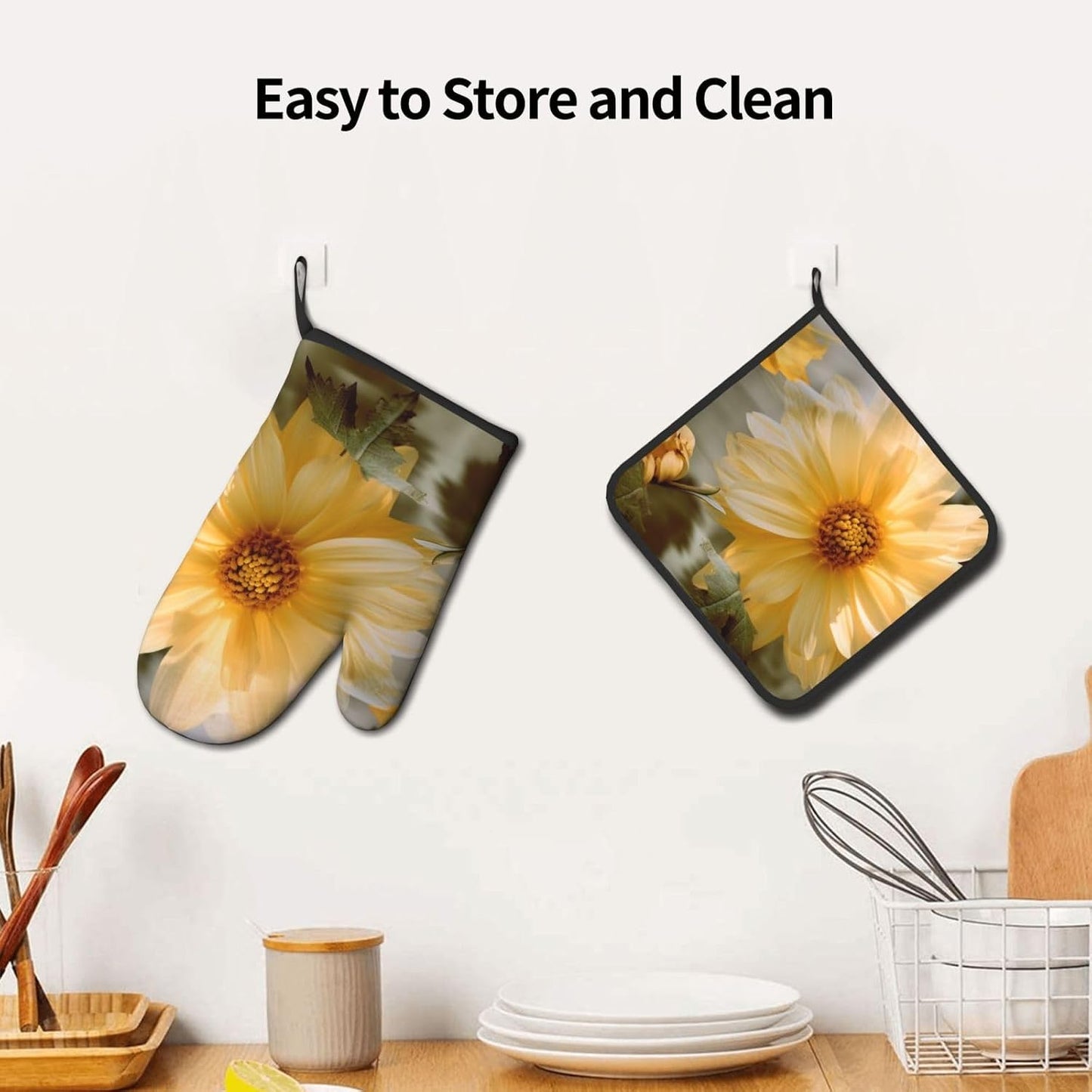 Oven Mitts and Pot Holders Set of 2,Light Yellow Flower Print Heat Resistant Kitchen Baking Set with Hang Loop for Baking Grilling