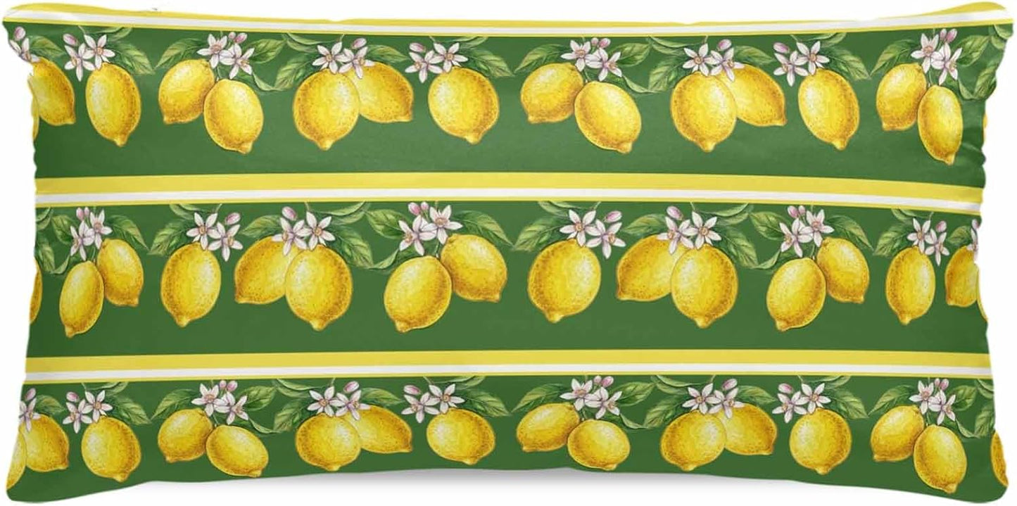 Summer Lemons Satin Pillowcase for Hair and Skin, Yellow Fruit Leaf Striped Green Background Silky Pillow Cases Standard Size with Zipper 1 Pack Soft Cooling Pillow Cover for Women Men, 20''x40''