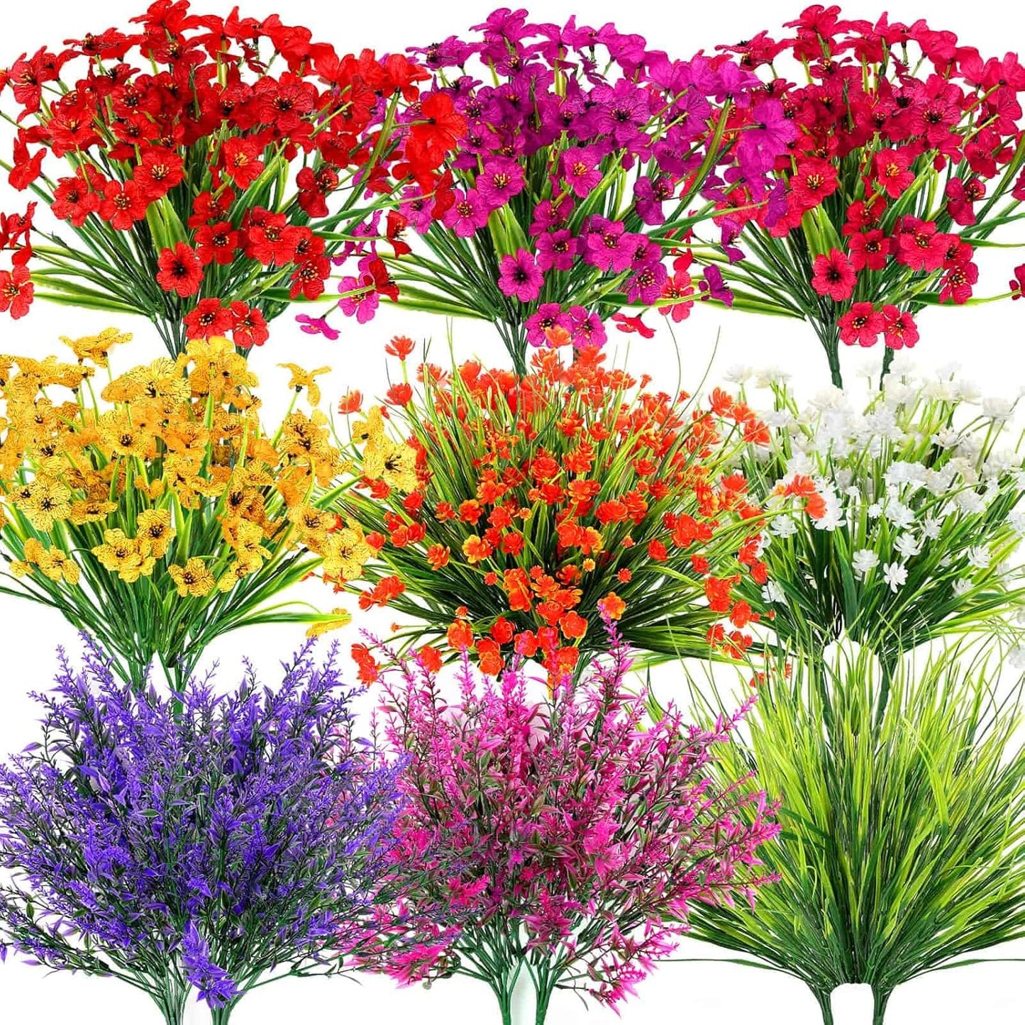 18 Bundles Artificial Spring and Summer Flowers for Outdoors, UV Resistant | Plastic & Silk Fake Wildflowers and Faux Lavender Plants Bulk for Outside Garden Patio Porch Window Box Planter Decors