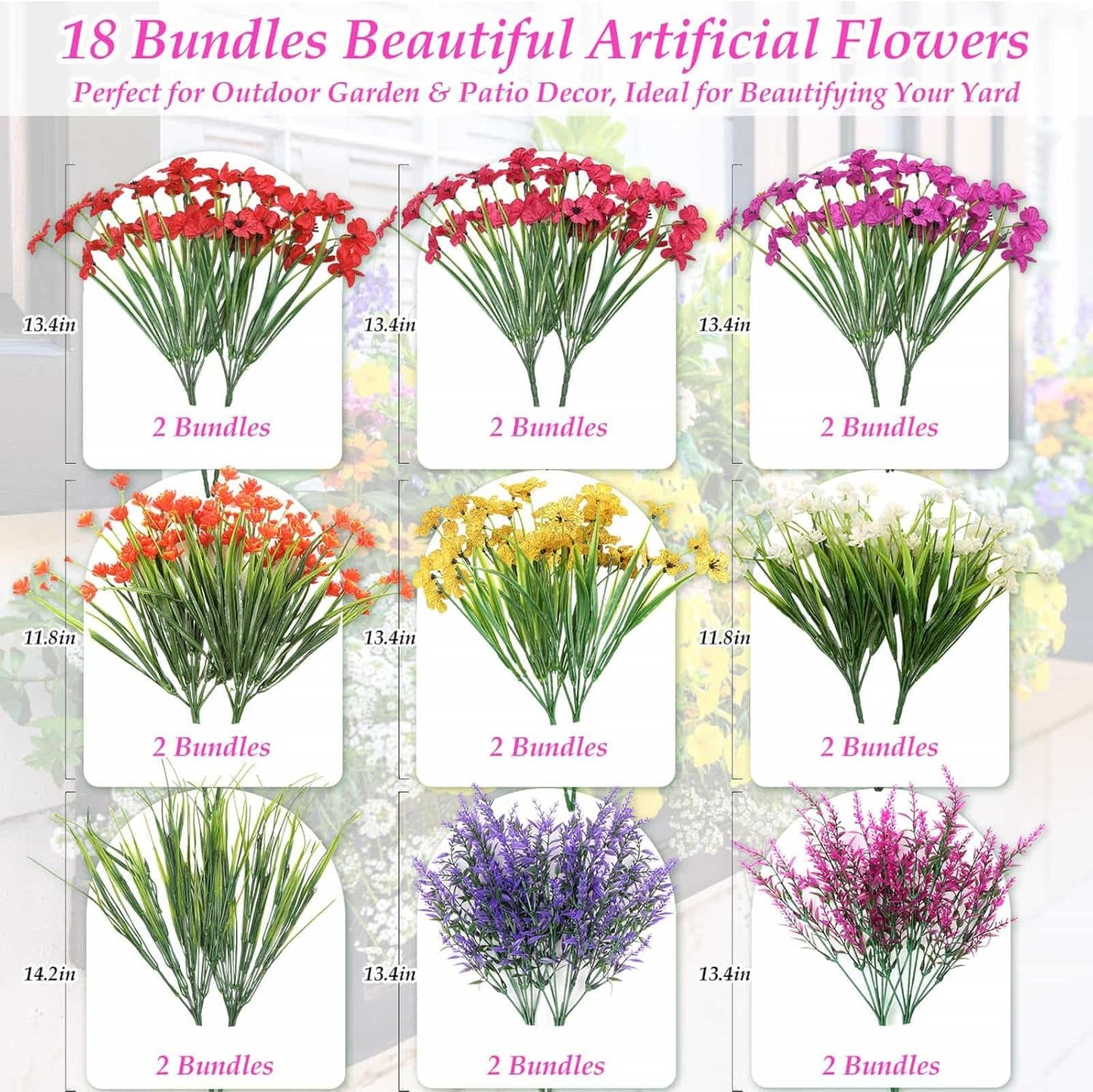 18 Bundles Artificial Spring and Summer Flowers for Outdoors, UV Resistant | Plastic & Silk Fake Wildflowers and Faux Lavender Plants Bulk for Outside Garden Patio Porch Window Box Planter Decors