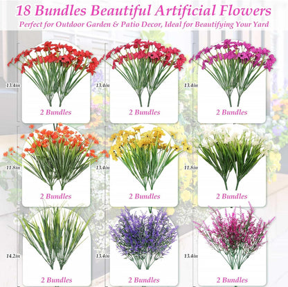 18 Bundles Artificial Spring and Summer Flowers for Outdoors, UV Resistant | Plastic & Silk Fake Wildflowers and Faux Lavender Plants Bulk for Outside Garden Patio Porch Window Box Planter Decors