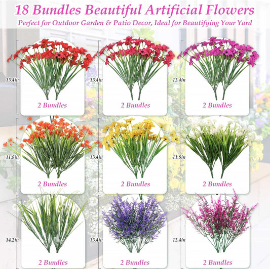 18 Bundles Artificial Spring and Summer Flowers for Outdoors, UV Resistant | Plastic & Silk Fake Wildflowers and Faux Lavender Plants Bulk for Outside Garden Patio Porch Window Box Planter Decors