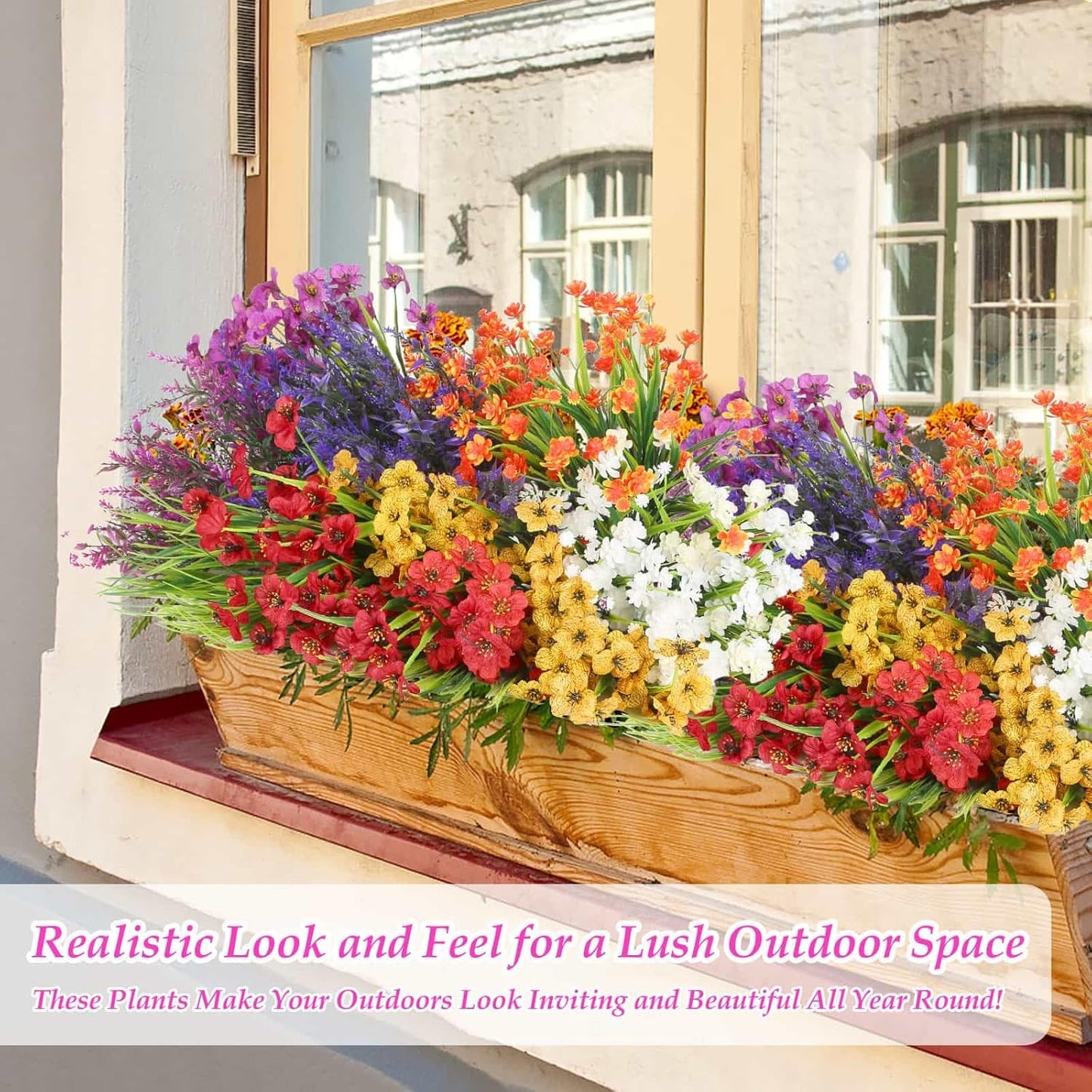 18 Bundles Artificial Spring and Summer Flowers for Outdoors, UV Resistant | Plastic & Silk Fake Wildflowers and Faux Lavender Plants Bulk for Outside Garden Patio Porch Window Box Planter Decors
