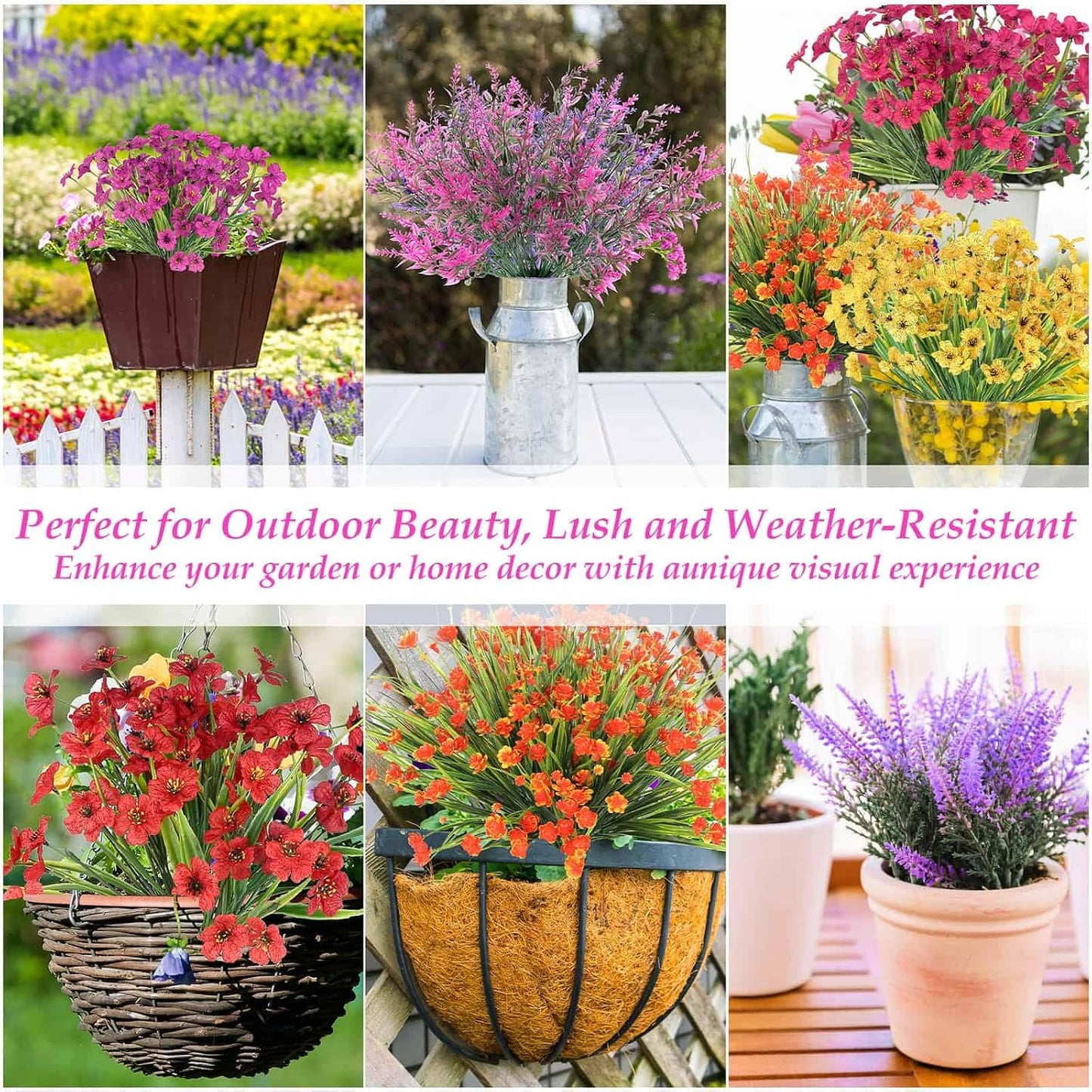 18 Bundles Artificial Spring and Summer Flowers for Outdoors, UV Resistant | Plastic & Silk Fake Wildflowers and Faux Lavender Plants Bulk for Outside Garden Patio Porch Window Box Planter Decors