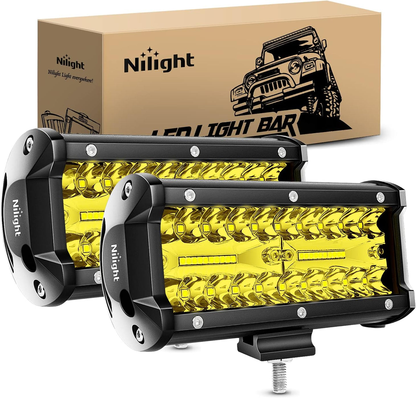 LED Pods 2Pcs 6.5 Inch 120W Yellow Flood Spot Combo Triple Row Driving Lamp Roof Bumper Off Road LED Work Lights Bar for Van Camper Wagon Car Pickup Golf Cart ATV UTV SUV Truck Boat 4x4