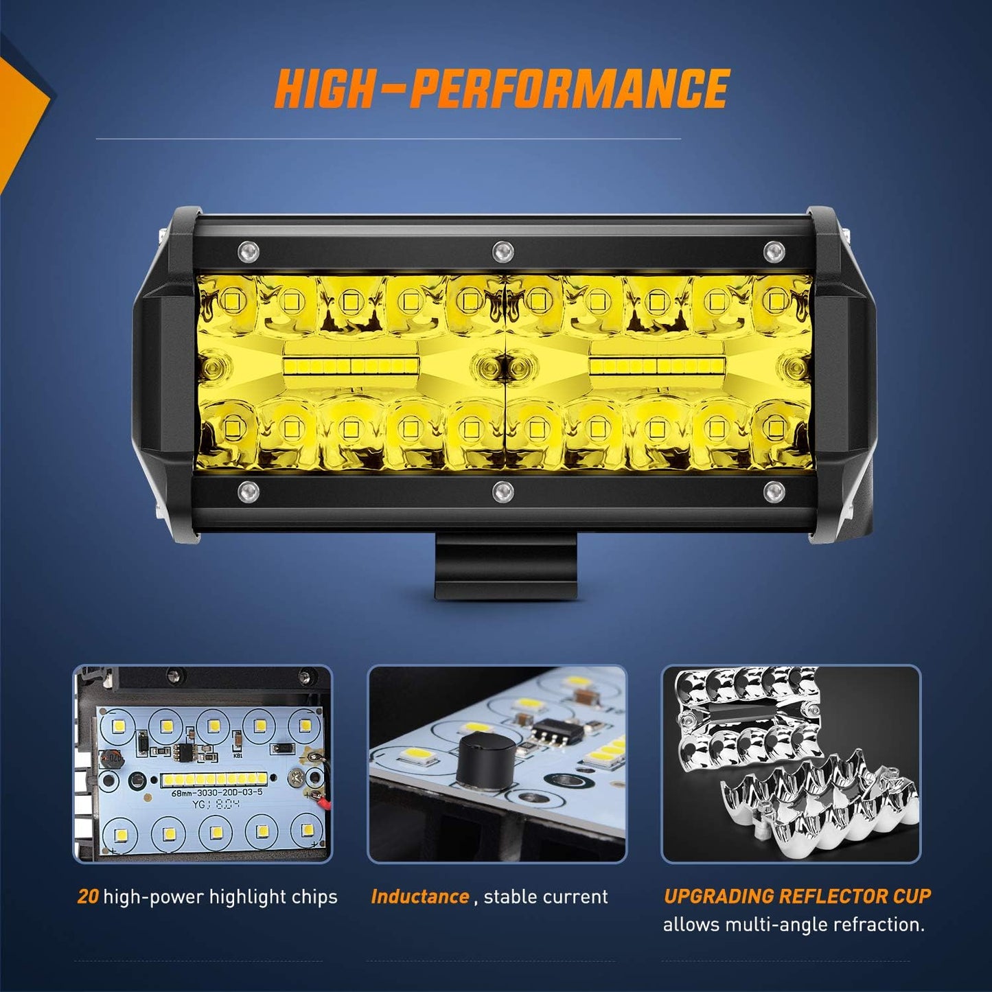 LED Pods 2Pcs 6.5 Inch 120W Yellow Flood Spot Combo Triple Row Driving Lamp Roof Bumper Off Road LED Work Lights Bar for Van Camper Wagon Car Pickup Golf Cart ATV UTV SUV Truck Boat 4x4