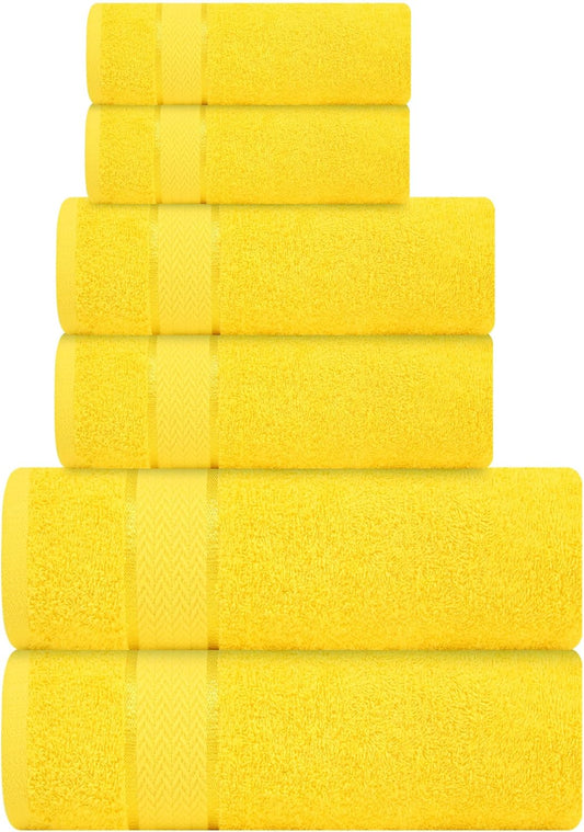 6 Piece Cotton Bath Towel Set- 2 Bath - 2 Hand - 2 Face, Yellow | 100% Cotton • Thick & Plush • Hotel Quality • Ultra Soft • Highly Absorbent • Quick Dry • Low Lint • Machine Washable