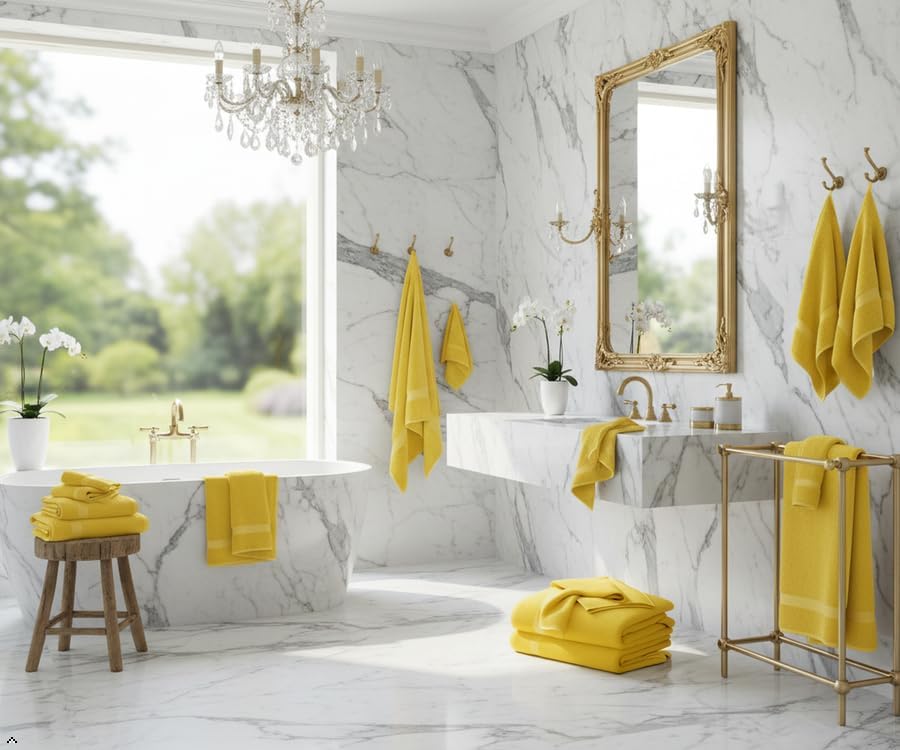 6 Piece Cotton Bath Towel Set- 2 Bath - 2 Hand - 2 Face, Yellow | 100% Cotton • Thick & Plush • Hotel Quality • Ultra Soft • Highly Absorbent • Quick Dry • Low Lint • Machine Washable