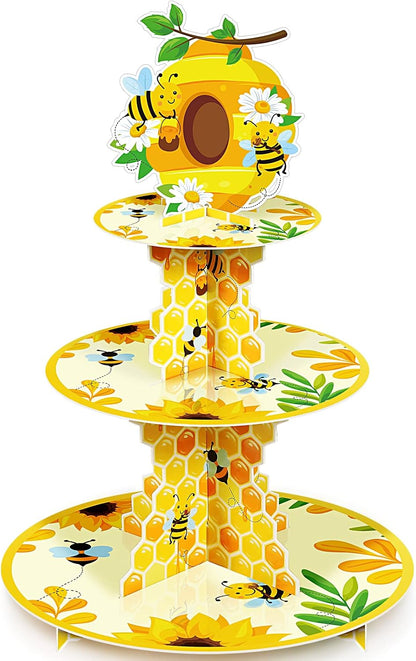 3 Tier Bee Paper Cupcake Stand Holder Sunflower Party Dessert Round Tower Yellow Sturdy Cupcake Pastry Stand for Kids Birthday Baby Shower Decorations Bee Theme Party Supplies