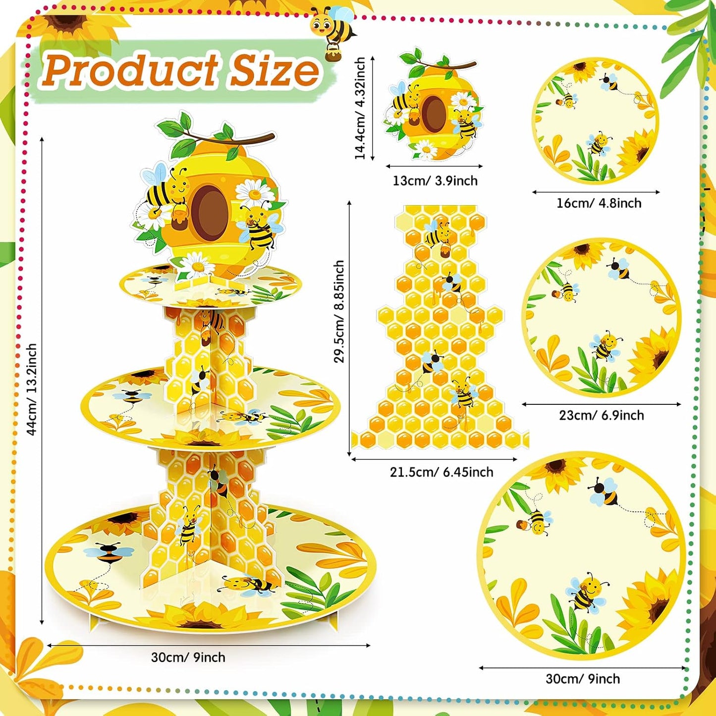 3 Tier Bee Paper Cupcake Stand Holder Sunflower Party Dessert Round Tower Yellow Sturdy Cupcake Pastry Stand for Kids Birthday Baby Shower Decorations Bee Theme Party Supplies