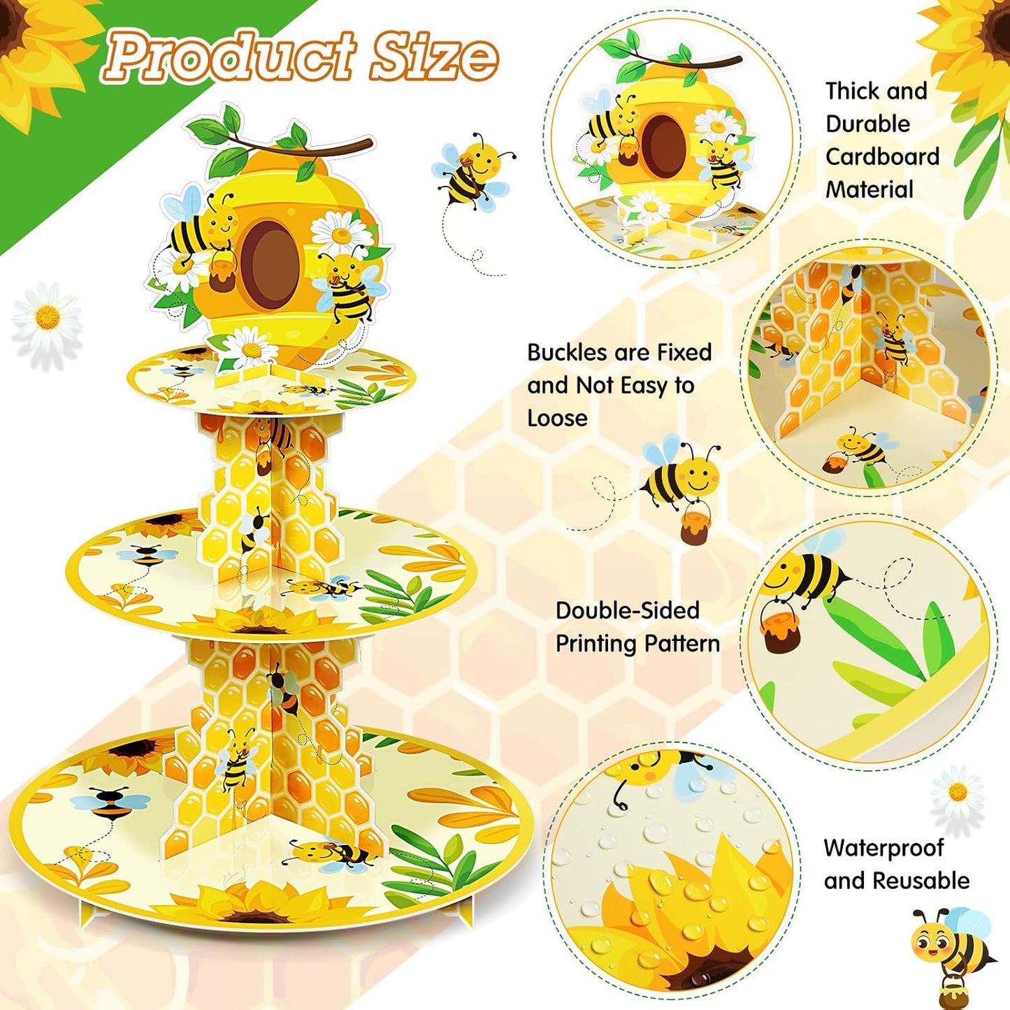 3 Tier Bee Paper Cupcake Stand Holder Sunflower Party Dessert Round Tower Yellow Sturdy Cupcake Pastry Stand for Kids Birthday Baby Shower Decorations Bee Theme Party Supplies