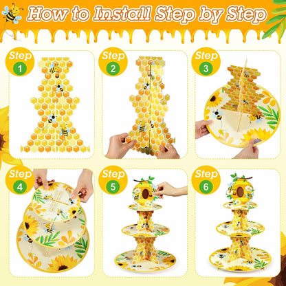 3 Tier Bee Paper Cupcake Stand Holder Sunflower Party Dessert Round Tower Yellow Sturdy Cupcake Pastry Stand for Kids Birthday Baby Shower Decorations Bee Theme Party Supplies