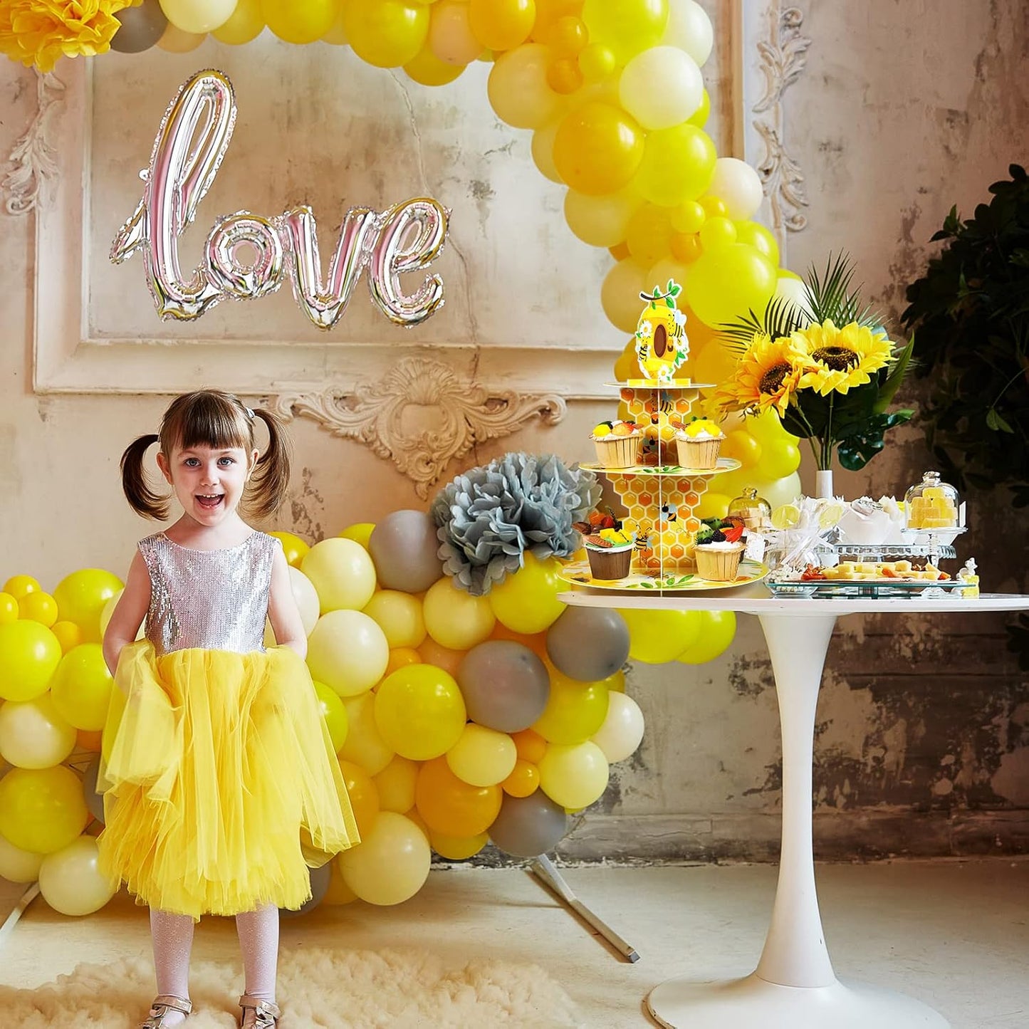 3 Tier Bee Paper Cupcake Stand Holder Sunflower Party Dessert Round Tower Yellow Sturdy Cupcake Pastry Stand for Kids Birthday Baby Shower Decorations Bee Theme Party Supplies