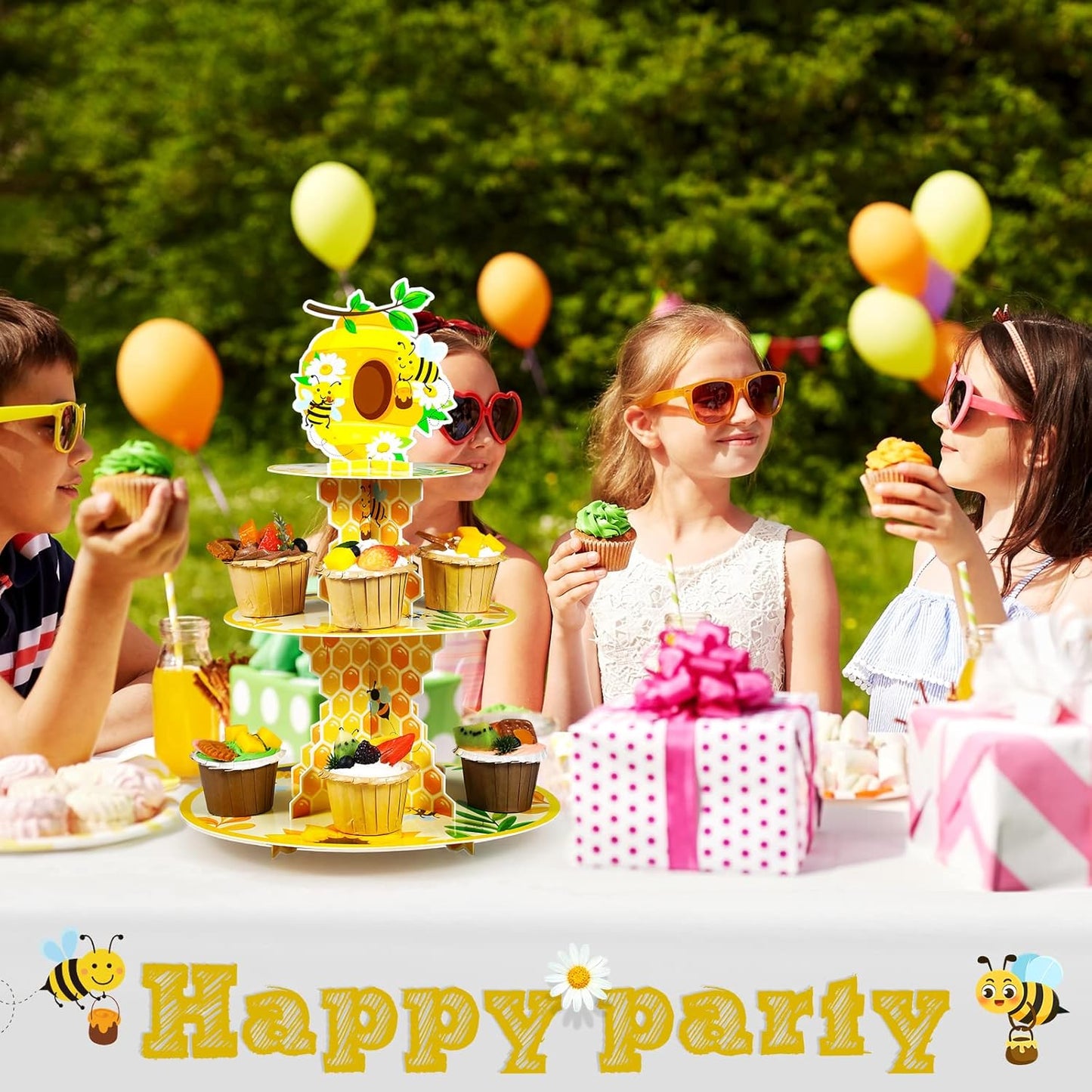 3 Tier Bee Paper Cupcake Stand Holder Sunflower Party Dessert Round Tower Yellow Sturdy Cupcake Pastry Stand for Kids Birthday Baby Shower Decorations Bee Theme Party Supplies