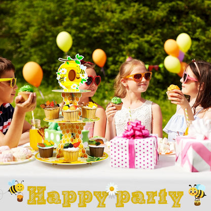 3 Tier Bee Paper Cupcake Stand Holder Sunflower Party Dessert Round Tower Yellow Sturdy Cupcake Pastry Stand for Kids Birthday Baby Shower Decorations Bee Theme Party Supplies