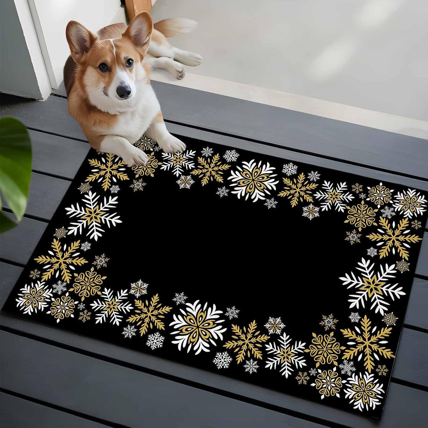 Retro Yellow Snowflake Washable Small Entryway Area Rugs 2'x3', Winter Christmas Black Background Low Pile Throw Rug Non-Slip Sturdy Edge Binding Carpet for Front Door Floor Room Entry