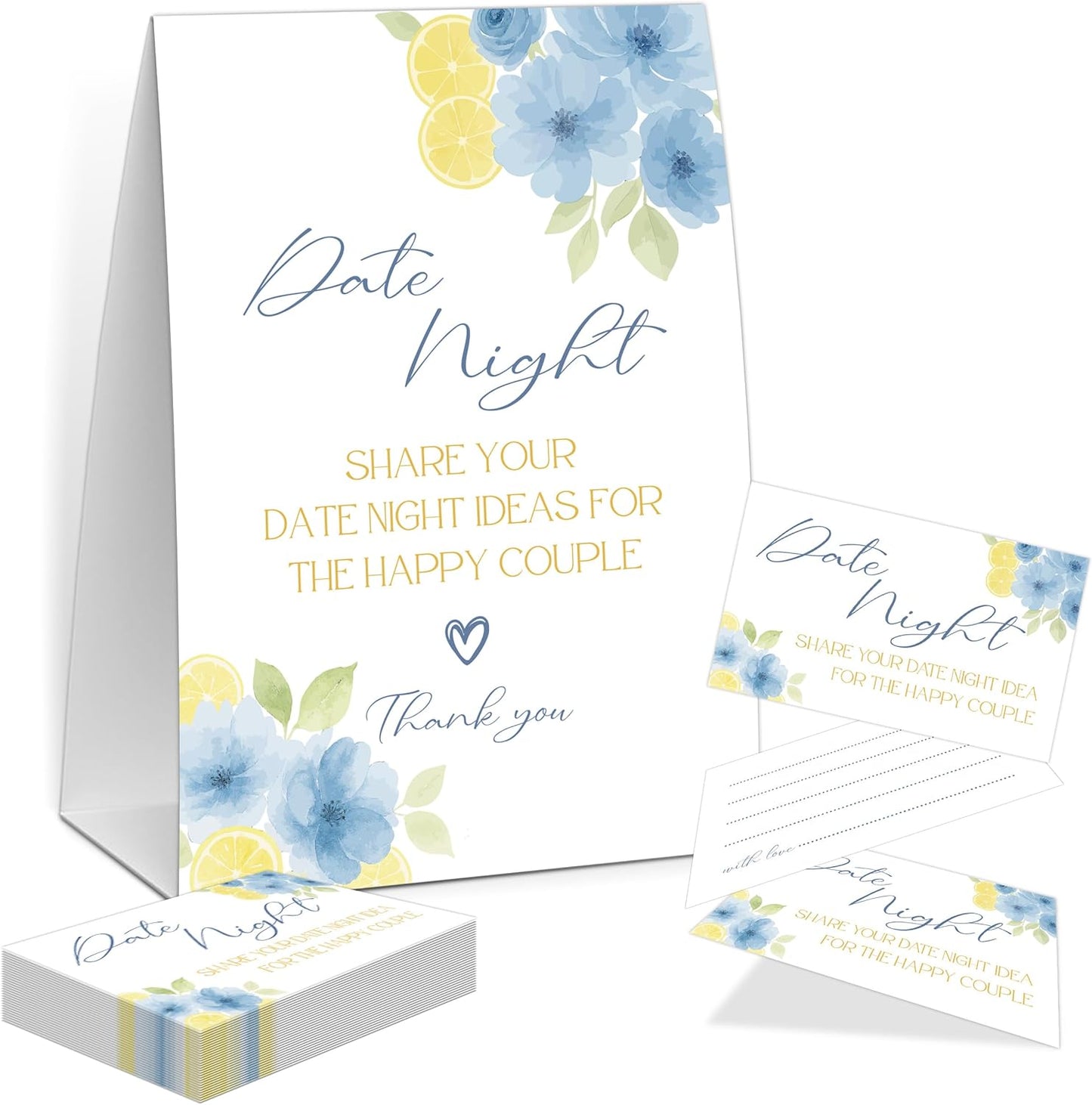 Blue Citrus Date Night Idea Game, Bridal Shower Game, Include One 5×7 Sign and 50 Date Night Idea Cards, Lemon Wedding Shower Games, Bachelorette Party Decorations - NIG05