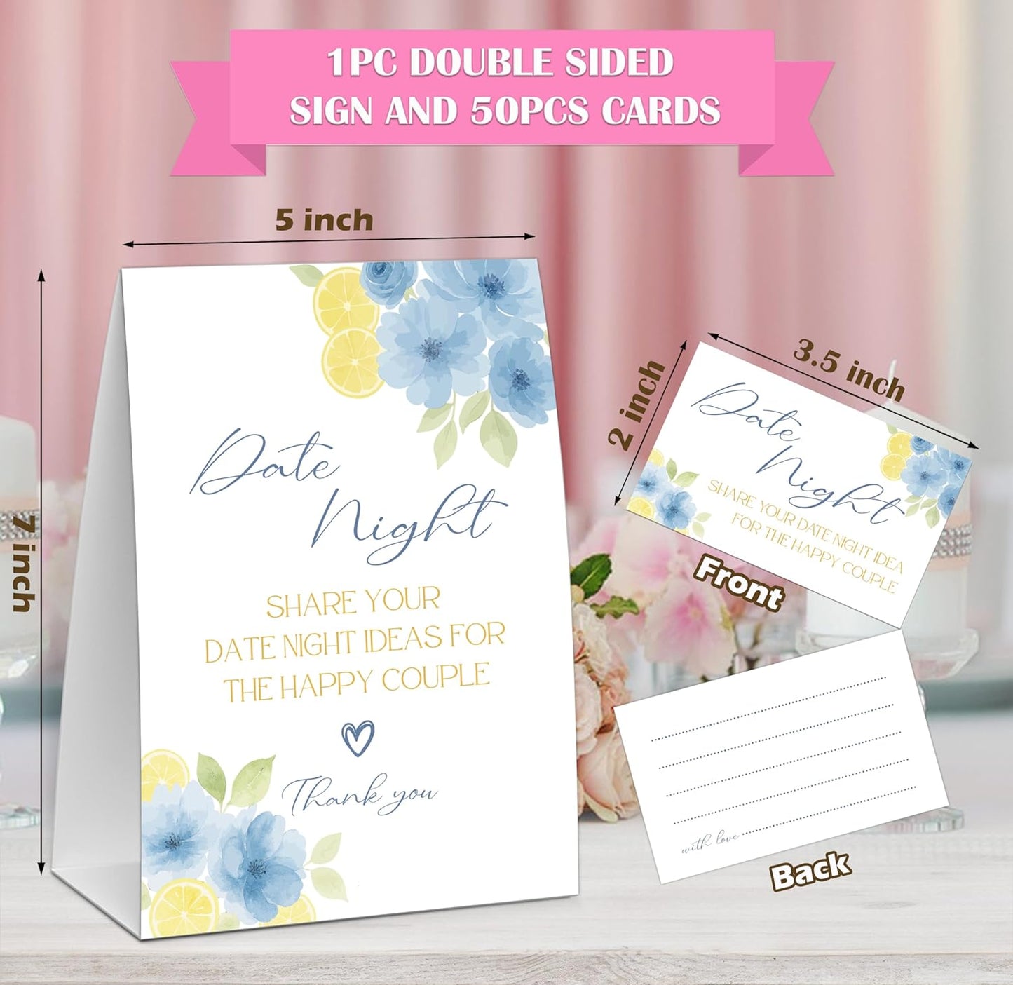 Blue Citrus Date Night Idea Game, Bridal Shower Game, Include One 5×7 Sign and 50 Date Night Idea Cards, Lemon Wedding Shower Games, Bachelorette Party Decorations - NIG05
