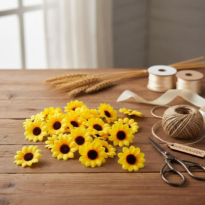 100Pcs Yellow Artificial Flower Heads Mini Fake Sunflower Decorative Fabric Flowers Craft Floral Embellishments for Wreaths Wedding Artificial Flowers