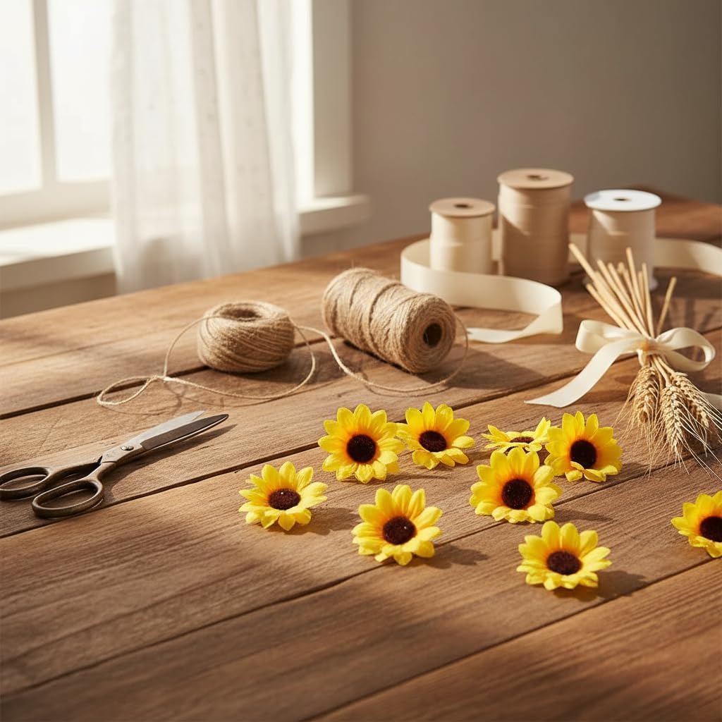 100Pcs Yellow Artificial Flower Heads Mini Fake Sunflower Decorative Fabric Flowers Craft Floral Embellishments for Wreaths Wedding Artificial Flowers