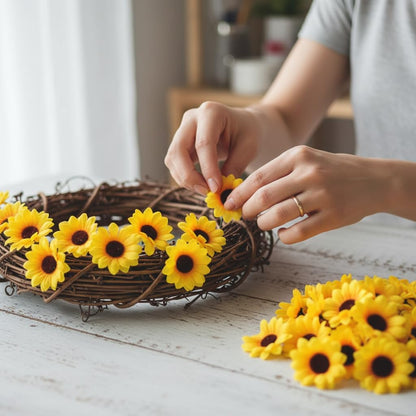 100Pcs Yellow Artificial Flower Heads Mini Fake Sunflower Decorative Fabric Flowers Craft Floral Embellishments for Wreaths Wedding Artificial Flowers