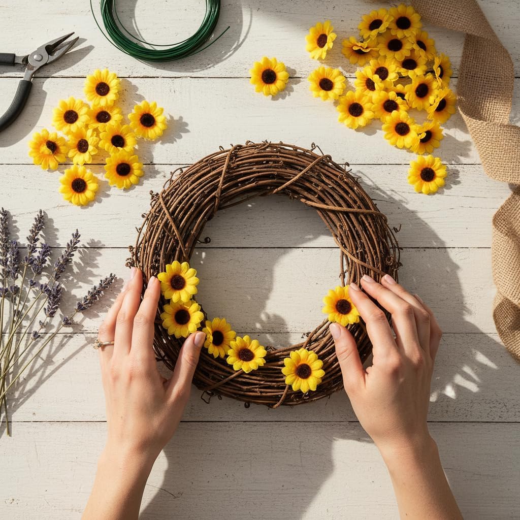 100Pcs Yellow Artificial Flower Heads Mini Fake Sunflower Decorative Fabric Flowers Craft Floral Embellishments for Wreaths Wedding Artificial Flowers