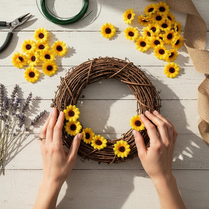 100Pcs Yellow Artificial Flower Heads Mini Fake Sunflower Decorative Fabric Flowers Craft Floral Embellishments for Wreaths Wedding Artificial Flowers