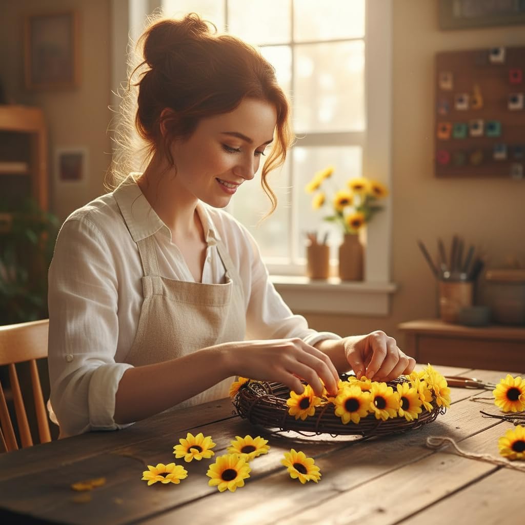 100Pcs Yellow Artificial Flower Heads Mini Fake Sunflower Decorative Fabric Flowers Craft Floral Embellishments for Wreaths Wedding Artificial Flowers