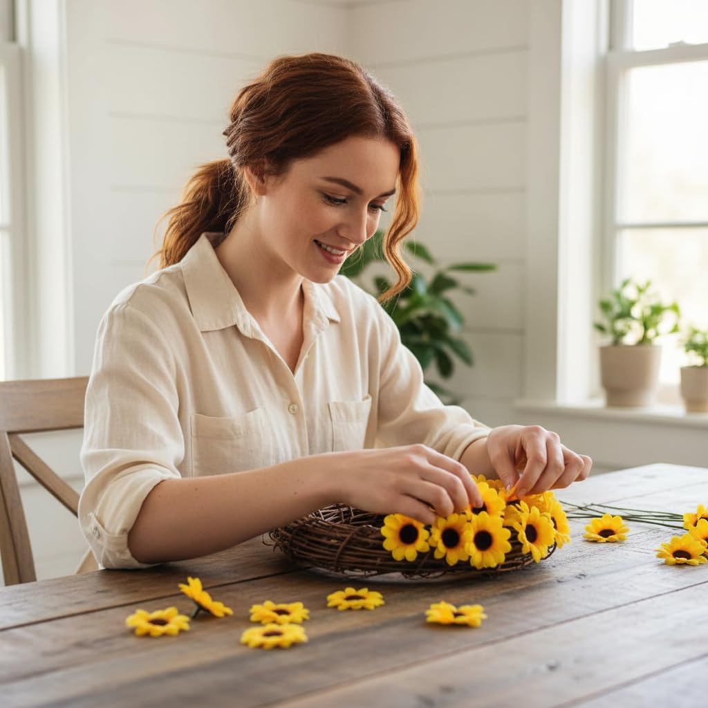 100Pcs Yellow Artificial Flower Heads Mini Fake Sunflower Decorative Fabric Flowers Craft Floral Embellishments for Wreaths Wedding Artificial Flowers