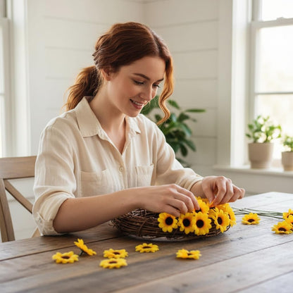 100Pcs Yellow Artificial Flower Heads Mini Fake Sunflower Decorative Fabric Flowers Craft Floral Embellishments for Wreaths Wedding Artificial Flowers