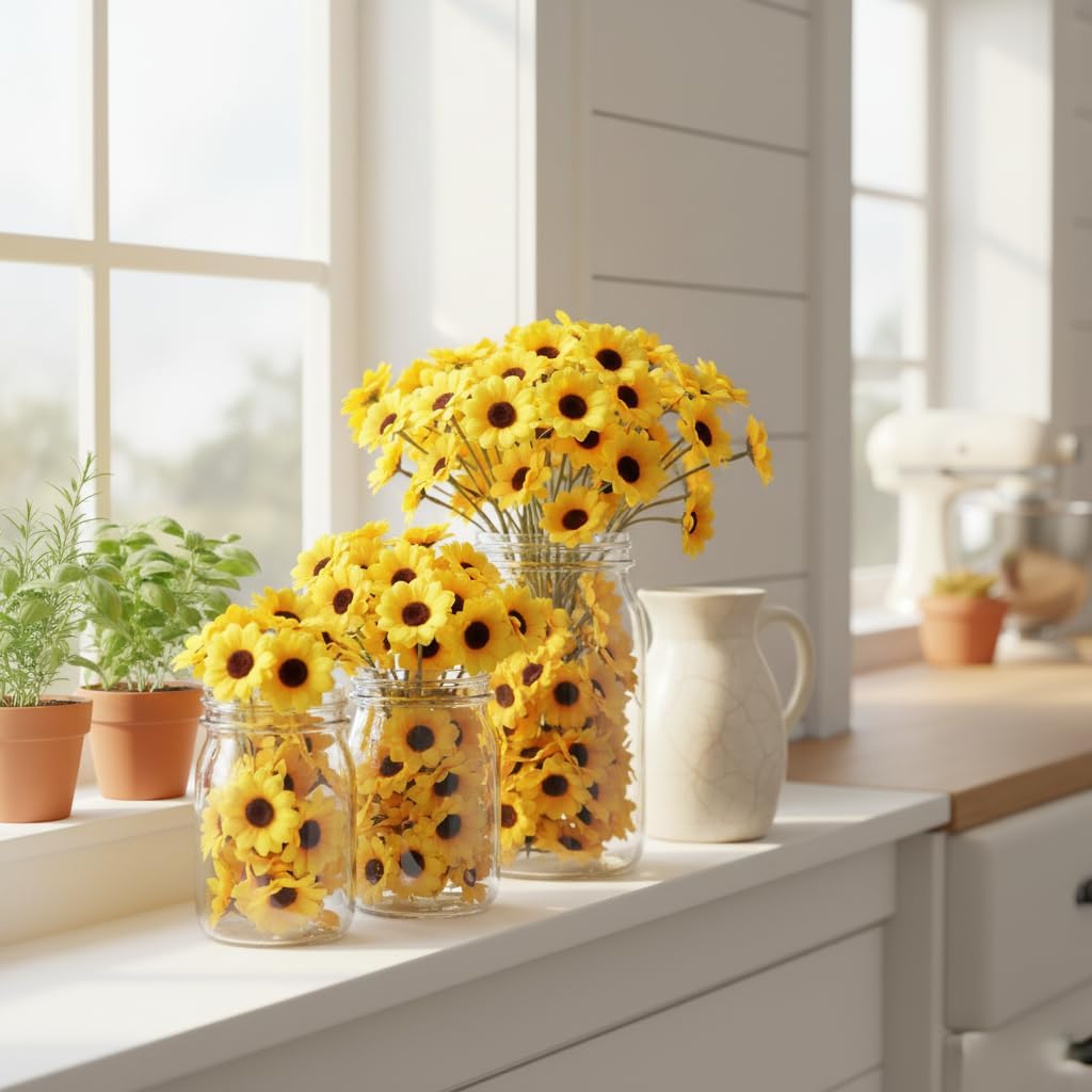 100Pcs Yellow Artificial Flower Heads Mini Fake Sunflower Decorative Fabric Flowers Craft Floral Embellishments for Wreaths Wedding Artificial Flowers