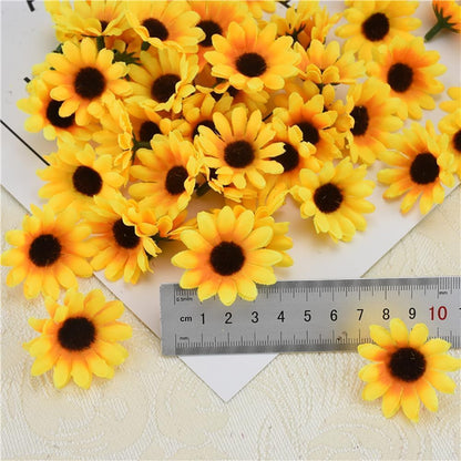 100Pcs Yellow Artificial Flower Heads Mini Fake Sunflower Decorative Fabric Flowers Craft Floral Embellishments for Wreaths Wedding Artificial Flowers