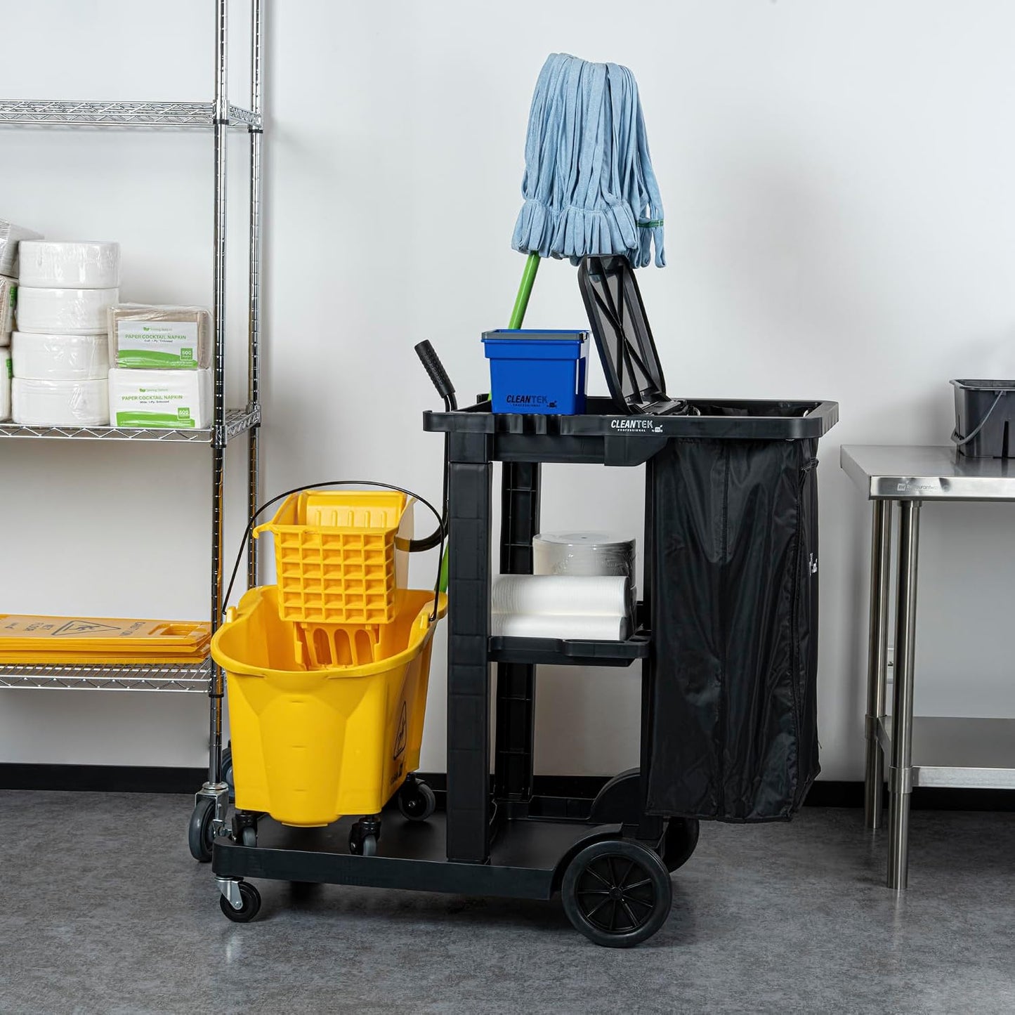 Janitor CART Bag ONLY: Clean Tek Professional 18 Gallon Janitorial Bag, 1 Heavy-Duty Receptacle with Zipper - Janitor Cart Sold Separately, Durable, Yellow Plastic Replacement