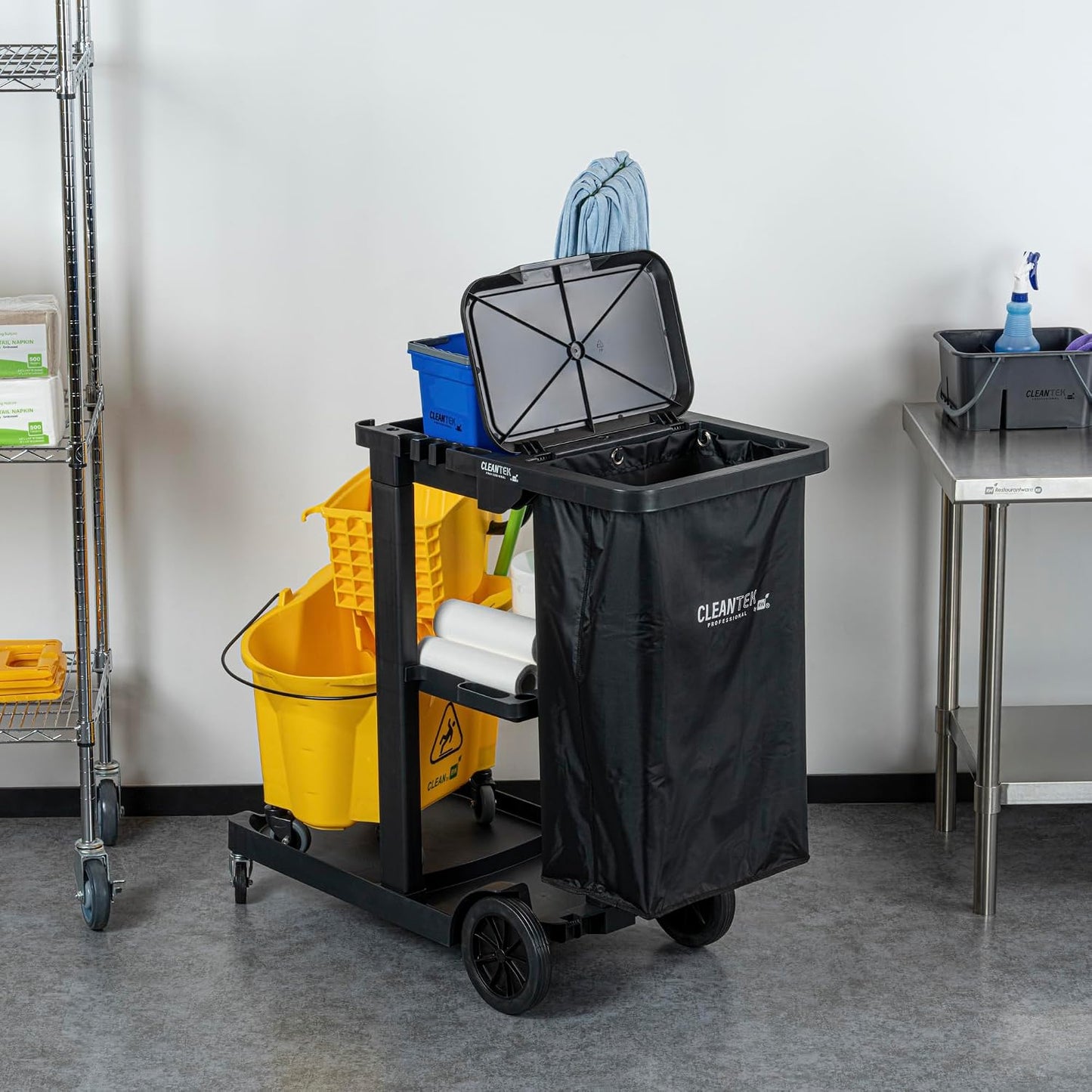 Janitor CART Bag ONLY: Clean Tek Professional 18 Gallon Janitorial Bag, 1 Heavy-Duty Receptacle with Zipper - Janitor Cart Sold Separately, Durable, Yellow Plastic Replacement