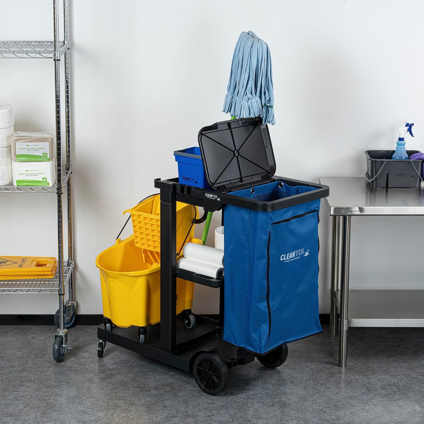 Janitor CART Bag ONLY: Clean Tek Professional 18 Gallon Janitorial Bag, 1 Heavy-Duty Receptacle with Zipper - Janitor Cart Sold Separately, Durable, Yellow Plastic Replacement