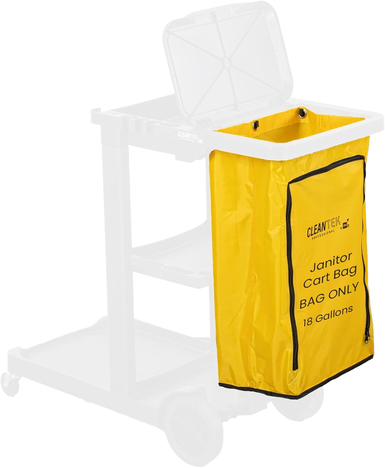 Janitor CART Bag ONLY: Clean Tek Professional 18 Gallon Janitorial Bag, 1 Heavy-Duty Receptacle with Zipper - Janitor Cart Sold Separately, Durable, Yellow Plastic Replacement
